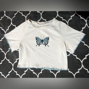 White crop top w/ blue butterfly
